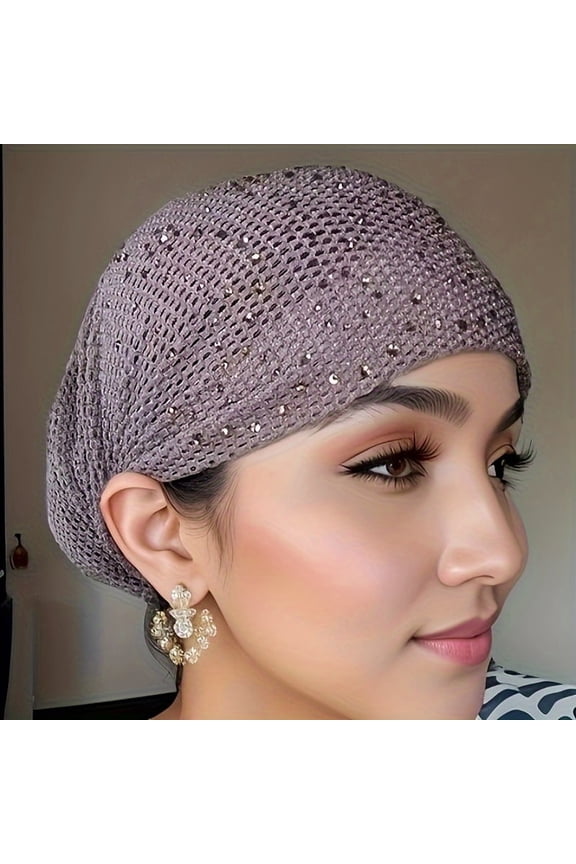 Elegant Solid Color Knitted Polyester Women's Hair Bonnet with Drawstring - Stretchable, Soft, Breathable, Lightweight Cap with Rhinestone Decoration, Urban Easter Theme, No Feathers, Non-Electric
