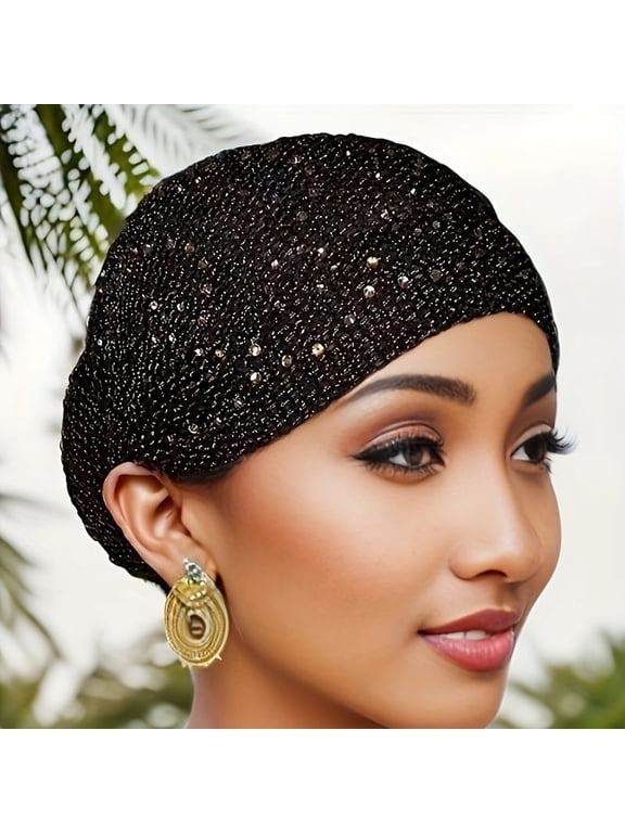 Elegant Solid Color Knitted Polyester Women's Hair Bonnet with Drawstring - Stretchable, Soft, Breathable, Lightweight Cap with Rhinestone Decoration, Urban Easter Theme, No Feathers, Non-Electric