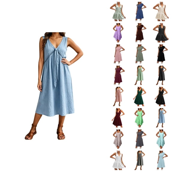 Elegant Solid Color Lace Trim Sleeveless Dress For Casual Summer Daywear Flowy Midi Length Comfortable Outfit