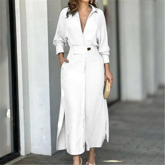 Elegant Solid Color Long Sleeve Lapel Waist Dress