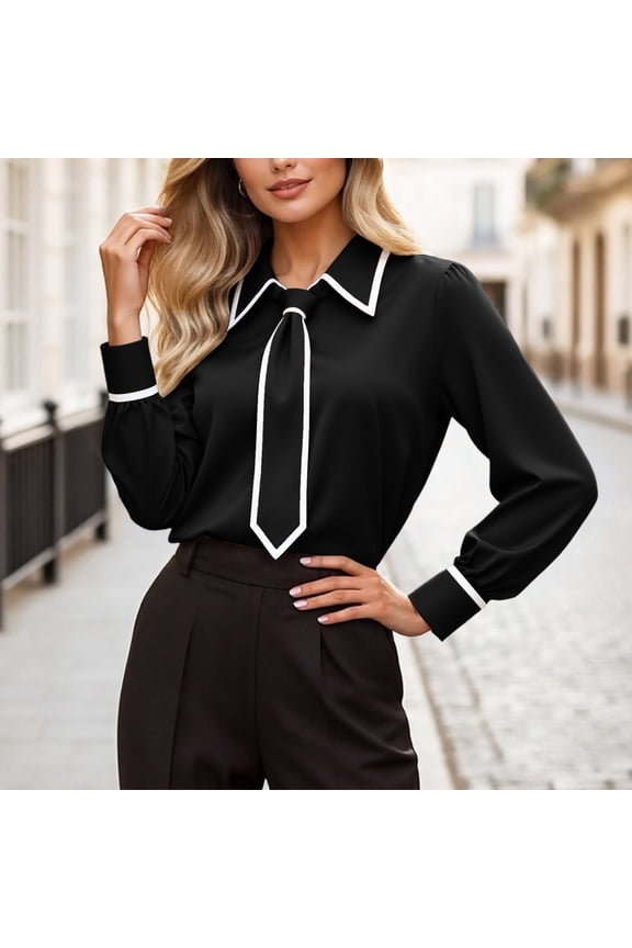 Elegant Solid Color Long Sleeve Tie Neck Shirt for Women's Business Formal Wear and Career Attire Comfortable Long/Short Sleeve Tee Shirts for Men Beach Tops Casual Shirt