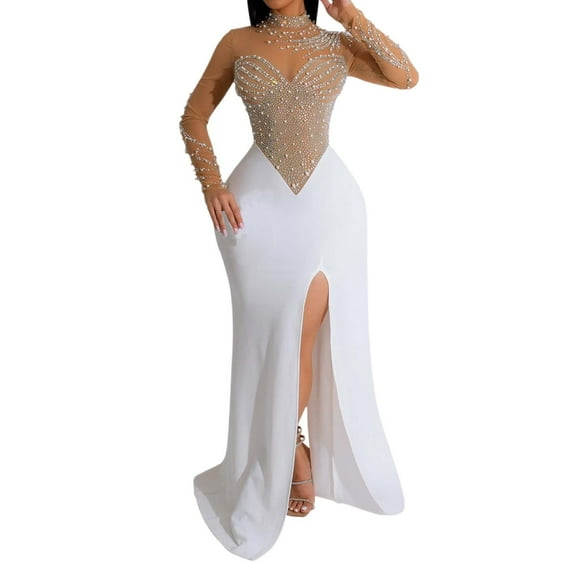 Elegant Solid Color Mesh Rhinestone Slit Maxi Dress For Women Stylish Party And Evening Wear Fall Dress for Women Wedding Guest Long Formal Dresses Corset And Semi Formal Dresses for Women Rose