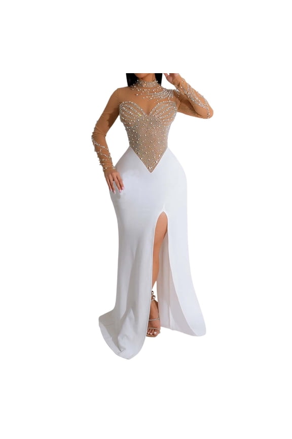 Elegant Solid Color Mesh Rhinestone Slit Maxi Dress For Women Stylish Party And Evening Wear Formal Evening Gowns with Sleeves Lime Prom Dresses for Teenagers Evening Gowns with Pockets Dress with