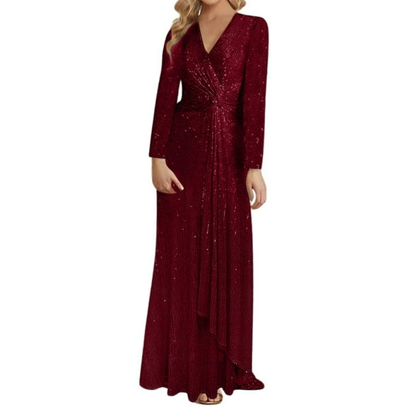 Elegant Solid Color Sequin Long Sleeve Evening Gown For Ladies Party Dress For