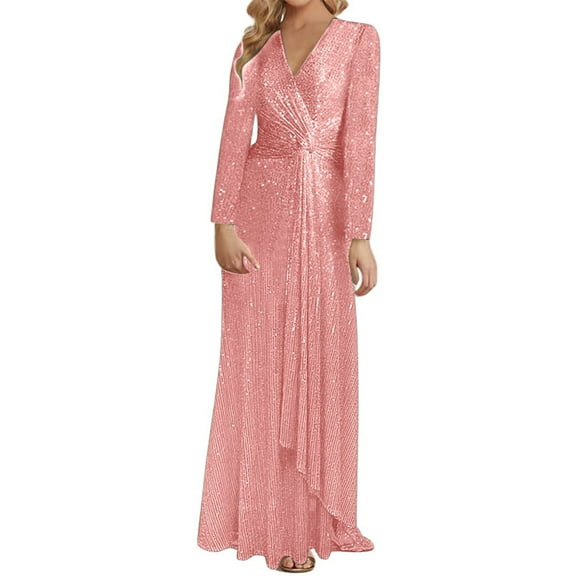 Elegant Solid Color Sequin Long Sleeve Evening Gown For Ladies Party Dress For