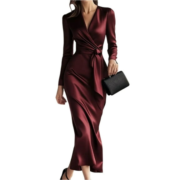 Elegant Solid Color Slim Banquet Dress Casual Lady Long Sleeve Wrap Hips Party Dress Sexy V-neck High Waist Lace Up Satin Dress