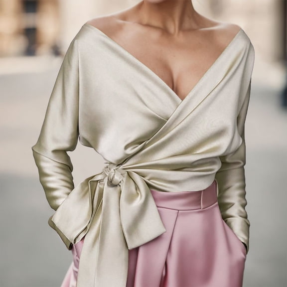 Elegant Solid Color V Neck Tie Waist Blouse For Women Fashionable Autumn Wear of Size Fashion Tops for Women Dressy Tops for Women Summer Scrub Tops Women plus Size Women Tops And Blouses Sexy Lace