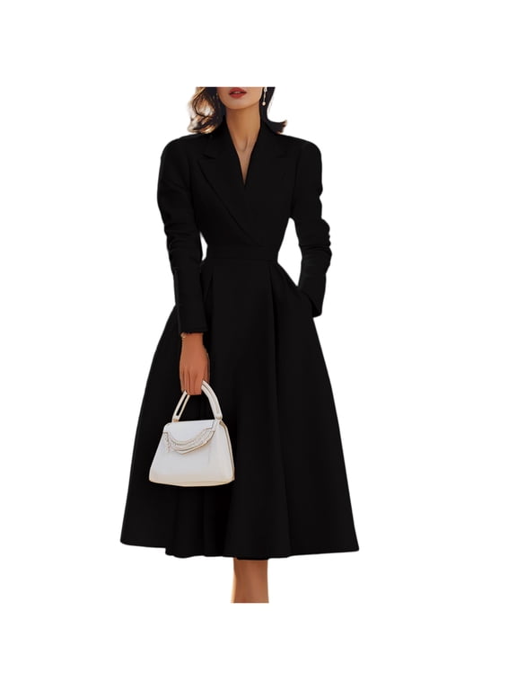 Elegant Solid Color Waist Cinching Sexy V-neck Dress Autumn Winter Women's Clothing New Long Sleeved Dress Pockets Ropa Mujer
