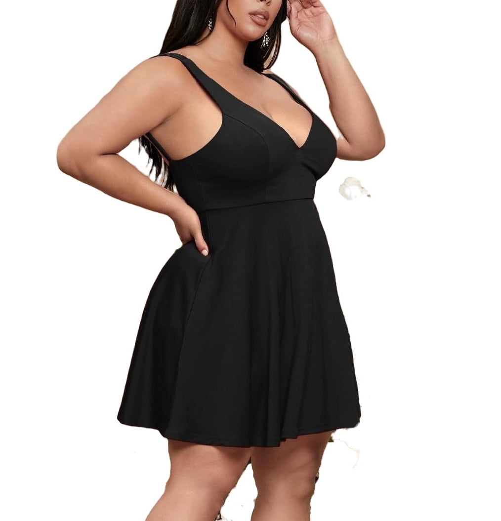 Elegant Solid Deep V Neck Fit and Flare Sleeveless Black Plus Size Dresses Women s Walmart