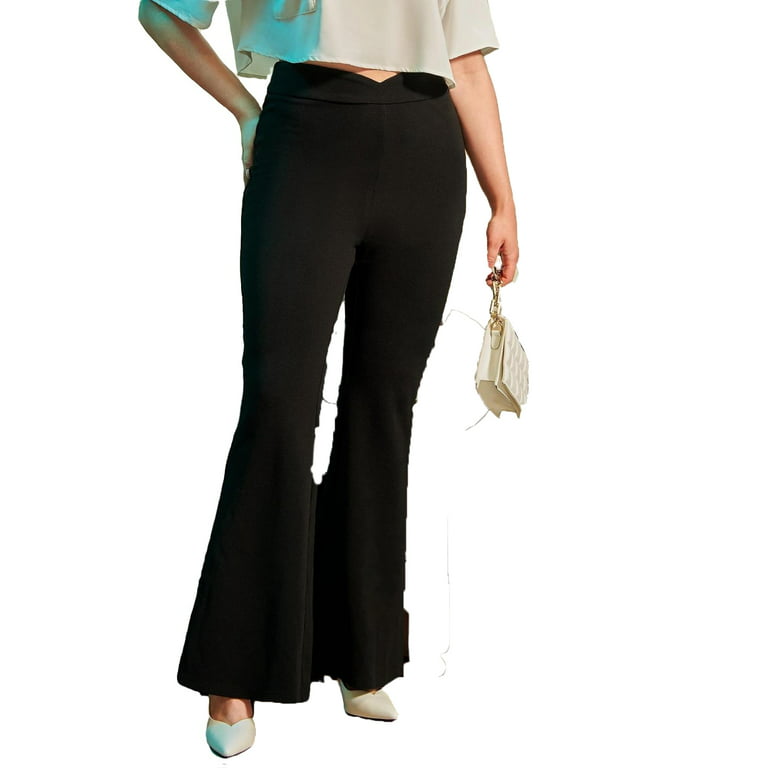 Elegant Solid Wide Leg Black Plus Size Pants (Women's)