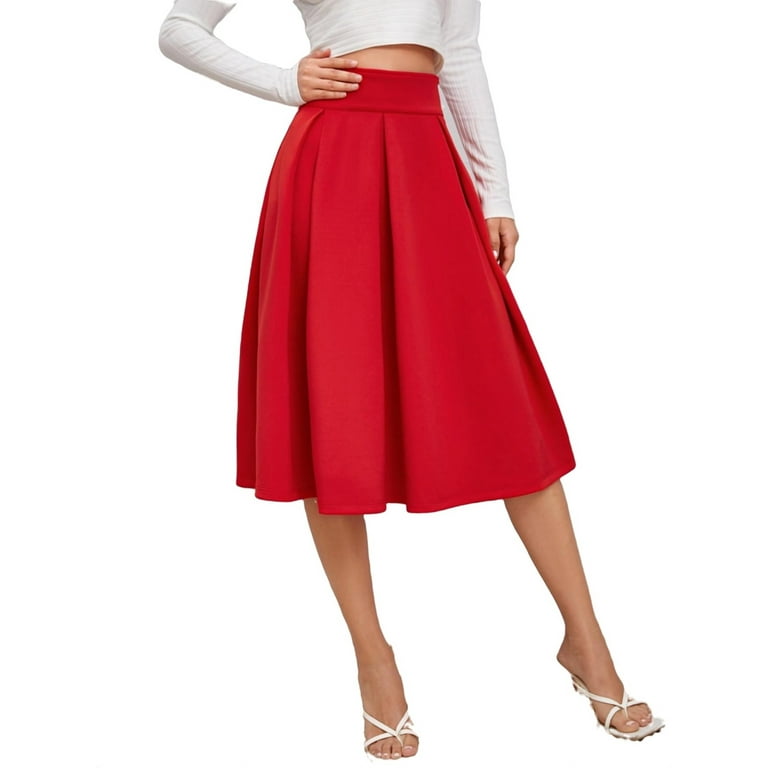 Elegant Solid Flared Skirts Red Women Skirts