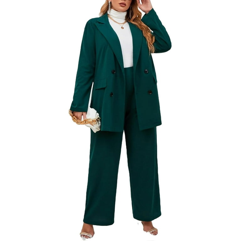 Elegant Solid Lapel Neck Long Sleeve Dark Green Plus Size Suit Sets (Women's  Plus) 