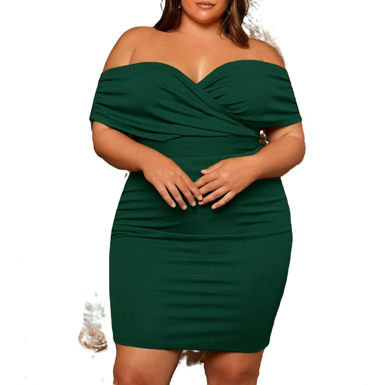 Elegant Solid Off the Shoulder Bodycon Short Sleeve Dark Green Plus Size  Dresses (Women's)