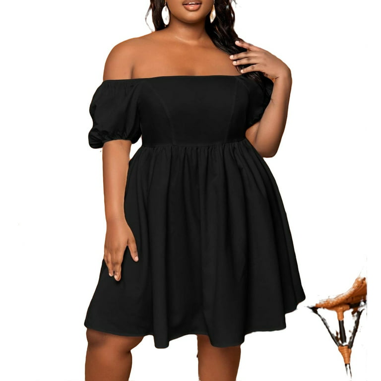 Elegant Solid Off the Shoulder Fit and Flare Short Sleeve Black Plus Size  Dresses (Women's)