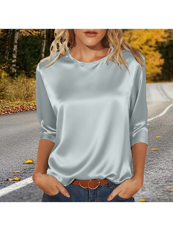 Elegant Solid Short Sleeve Blouson T Shirt for Women Lightweight Satin Finish Knit Top Crew Neck Summer Wear Silver XXL