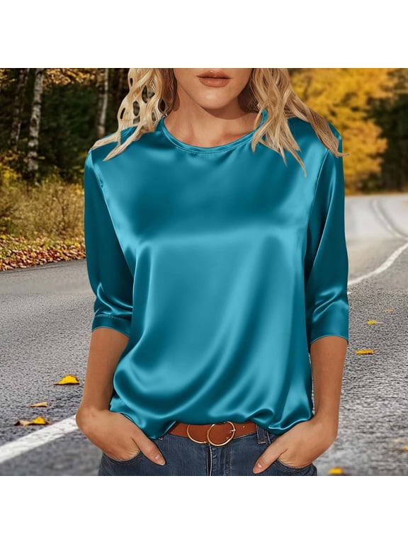 Elegant Solid Short Sleeve Blouson T Shirt for Women Lightweight Satin Finish Knit Top with Crew Neck Summer Wear