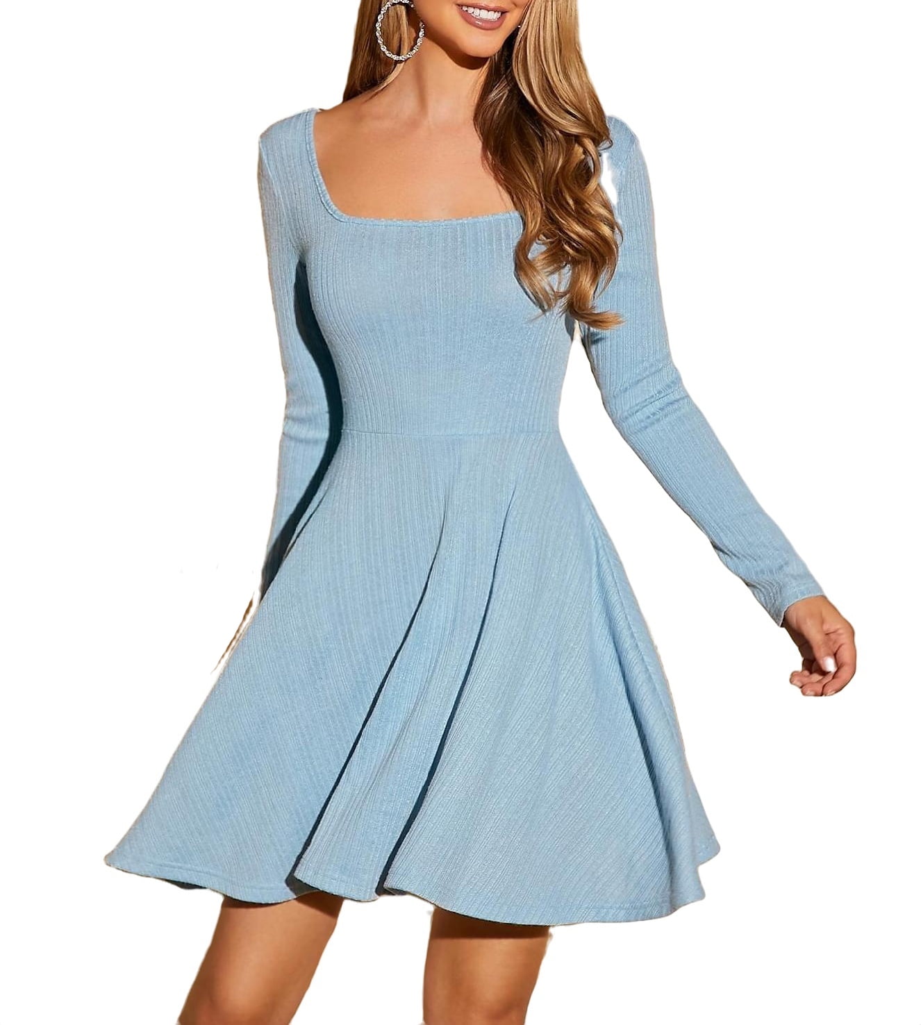 Elegant Solid Square Neck Fit and Flare Dress Long Sleeve Baby Blue  (Women's Dresses)