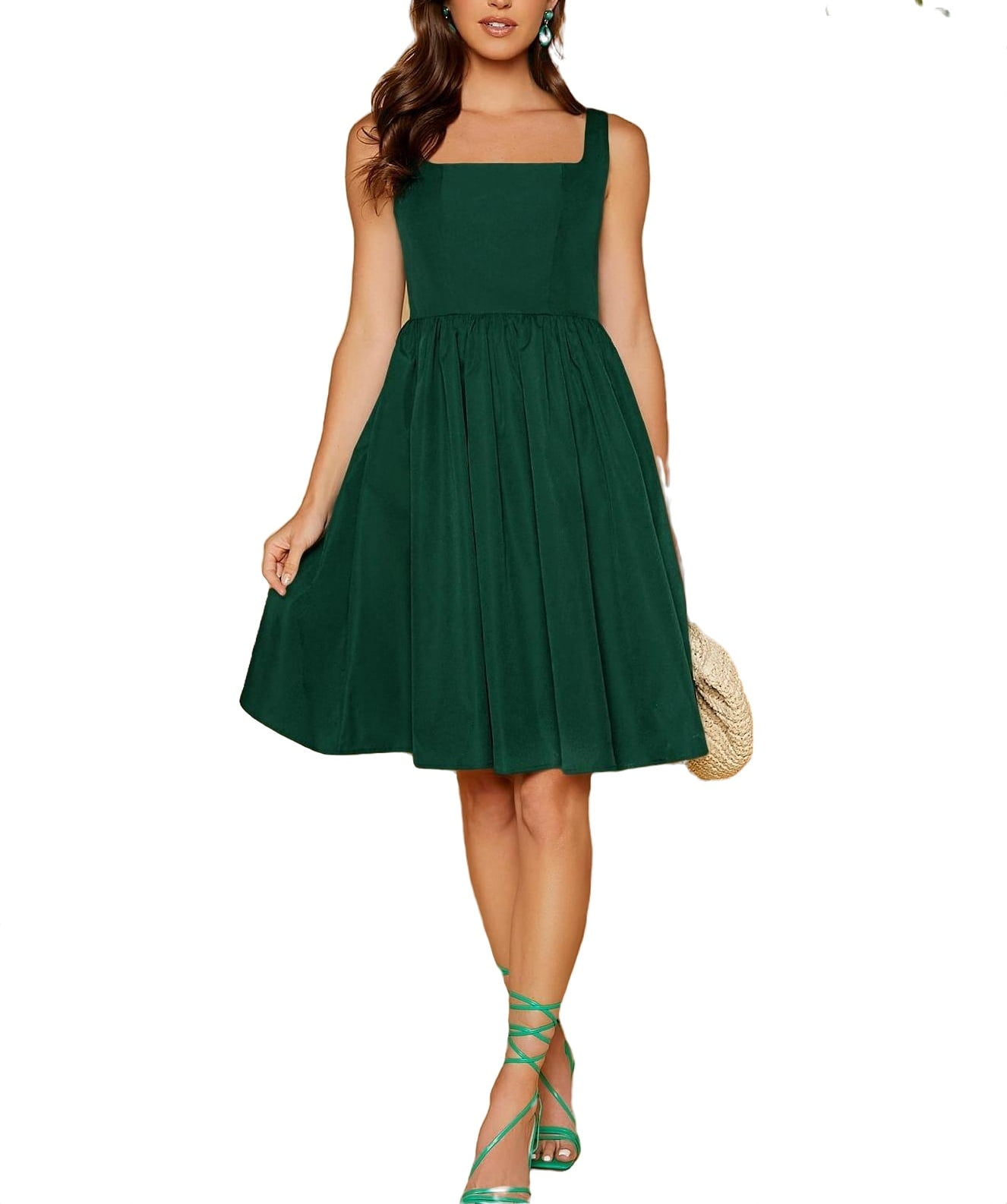 Elegant Solid Square Neck Fit and Flare Dress Sleeveless Dark Green  (Women's Dresses)