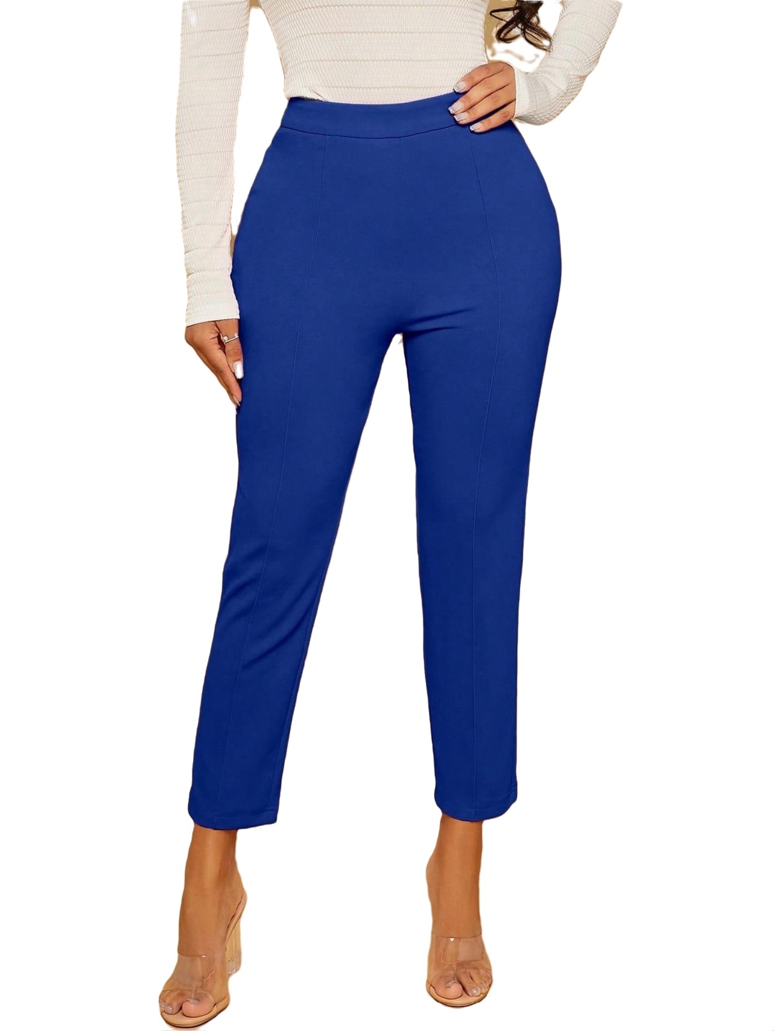 Elegant Solid Straight Leg Royal Blue Women Pants (Women's)