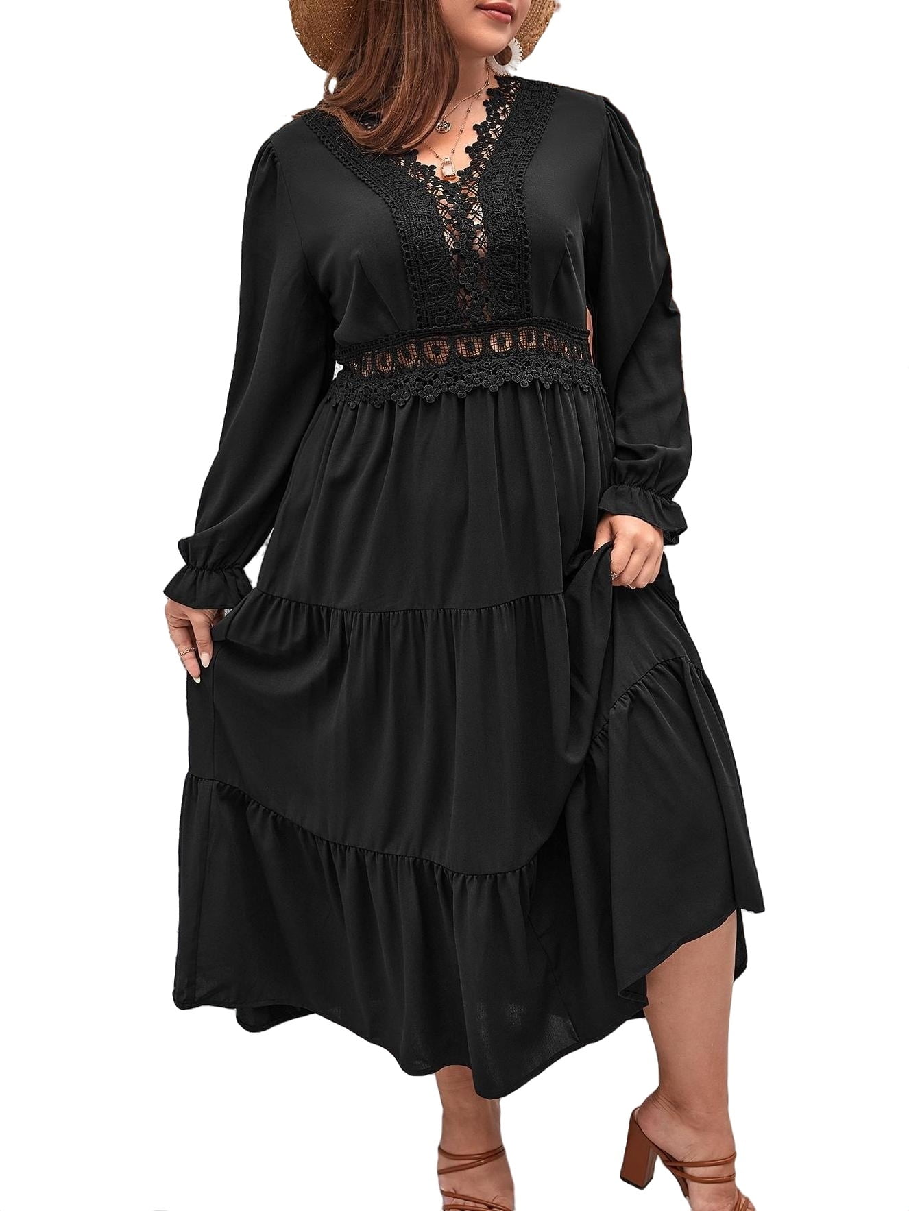 Elegant Solid V neck A Line Long Sleeve Black Plus Size Dresses (Women's)