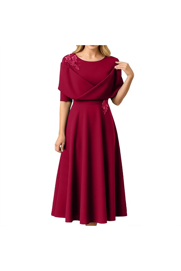 Elegant Solid Waist Cinching Short Sleeve Dress – Of The Bride/Groom Party Midi Points: Fashion Women Elegant Party Dress Sexy Easter Easter St. Patrick's Day Ladies Dress RD2 L