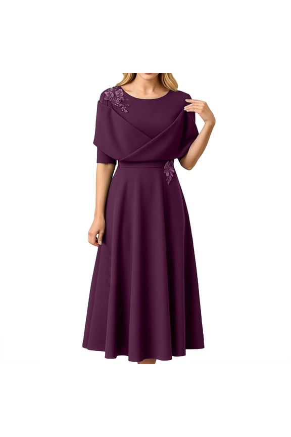 Elegant Solid Waist Cinching Short Sleeve Dress – Of The Bride/Groom Party Midi Points: Fashion Women Elegant Party Dress Sexy Easter Easter St. Patrick's Day Ladies Dress Purple M
