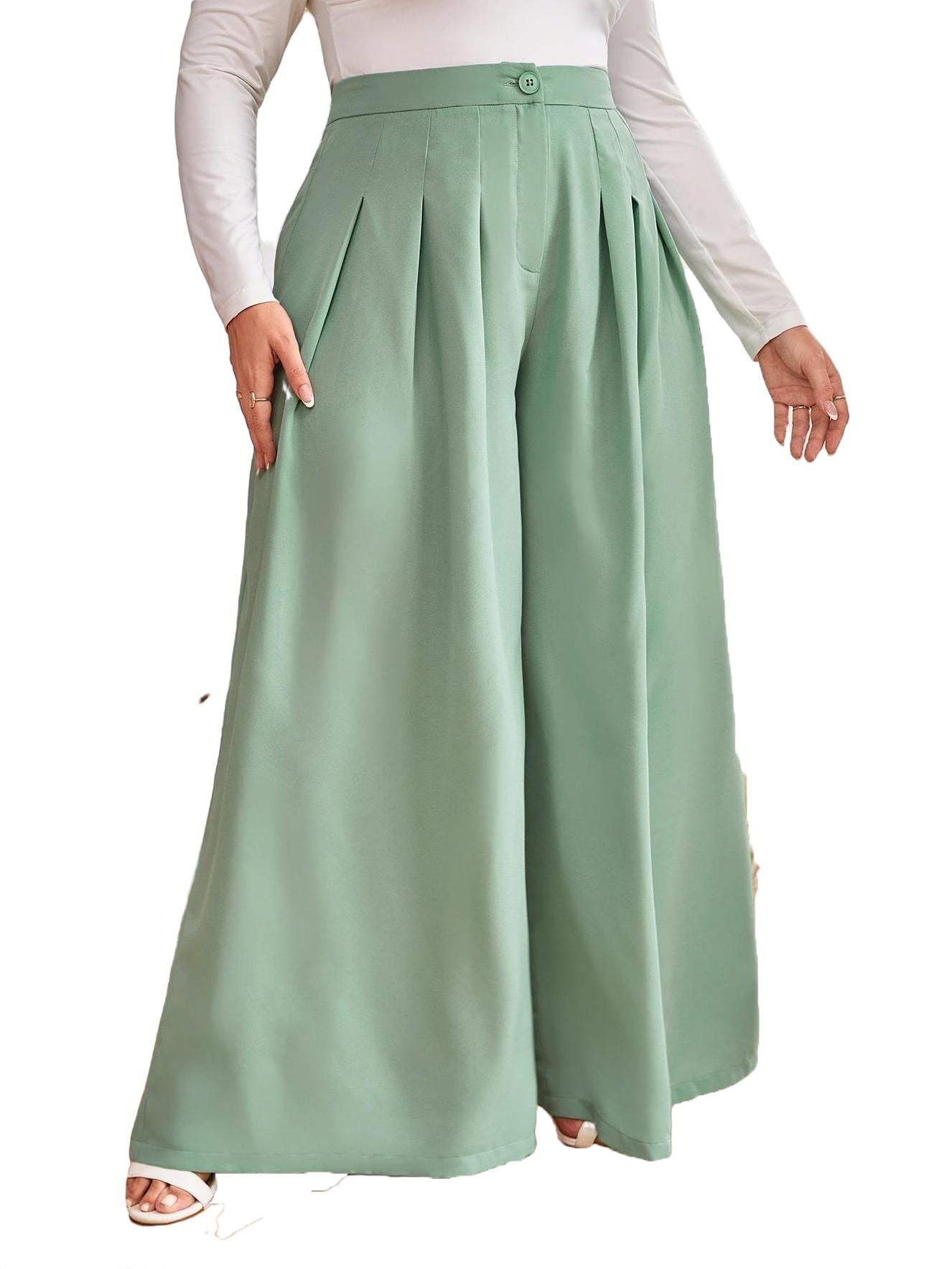 Elegant Solid Wide Leg Mint Green Plus Size Pants (Women's)