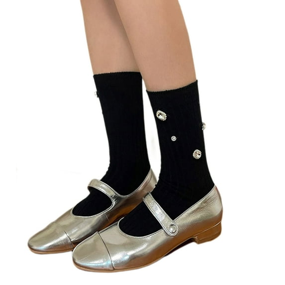 Elegant Solid Womens Rhinestone Ribbed Socks Summer Spring Girls Calf Socks