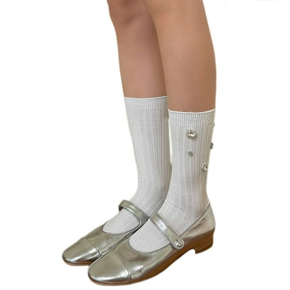 Elegant Solid Womens Rhinestone Ribbed Socks Summer Spring Girls Calf Socks