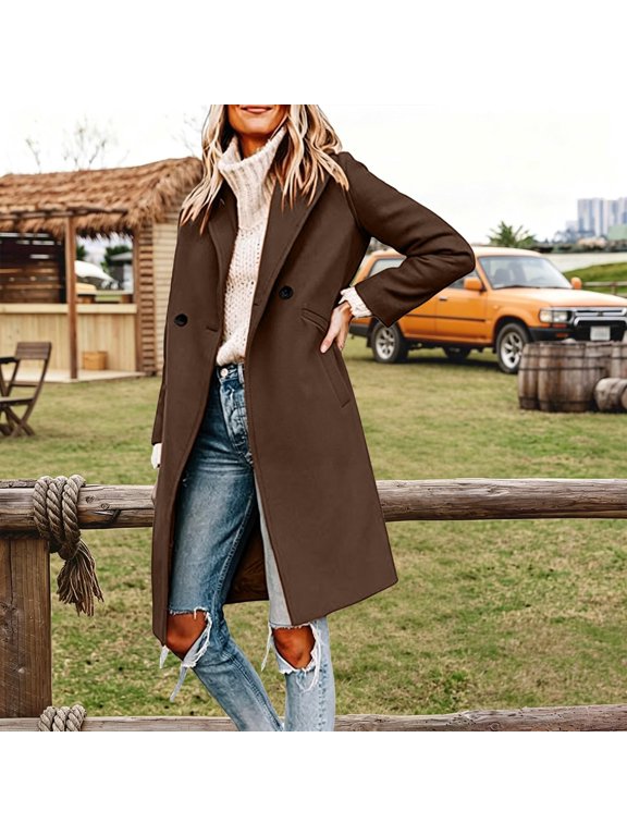 Elegant Solid Wool Blend Long Coat with Classic Notched Collar and Double Front for Everyday and Travel Autumn Winter Outside Wear, Brown, XL