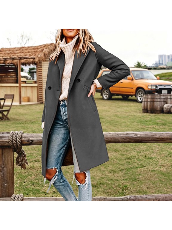 Elegant Solid Wool Blend Long Coat with Classic Notched Collar and Double Front for Everyday and Travel Autumn Winter Outside Wear, GY2, XL