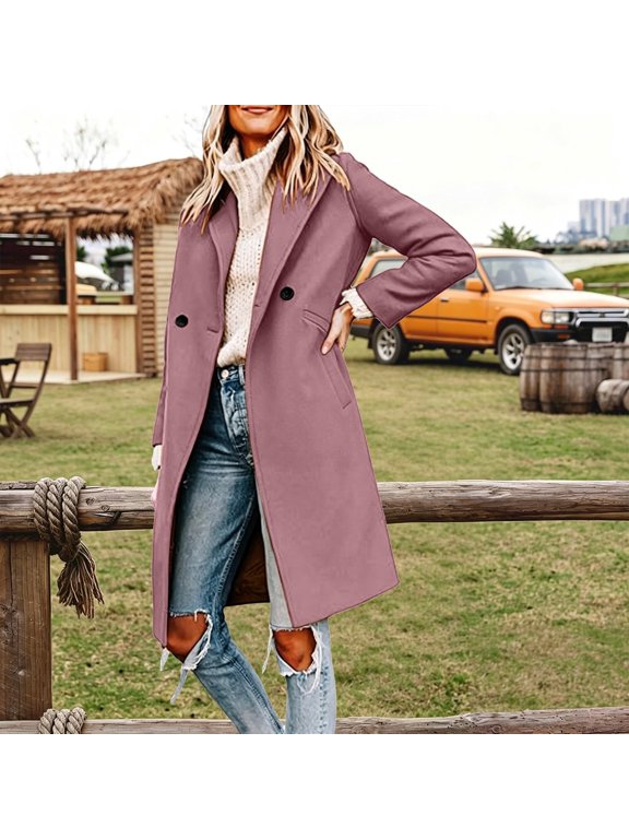 Elegant Solid Wool Blend Long Coat with Classic Notched Collar and Double Front for Everyday and Travel Autumn Winter Outside Wear, Purple, M