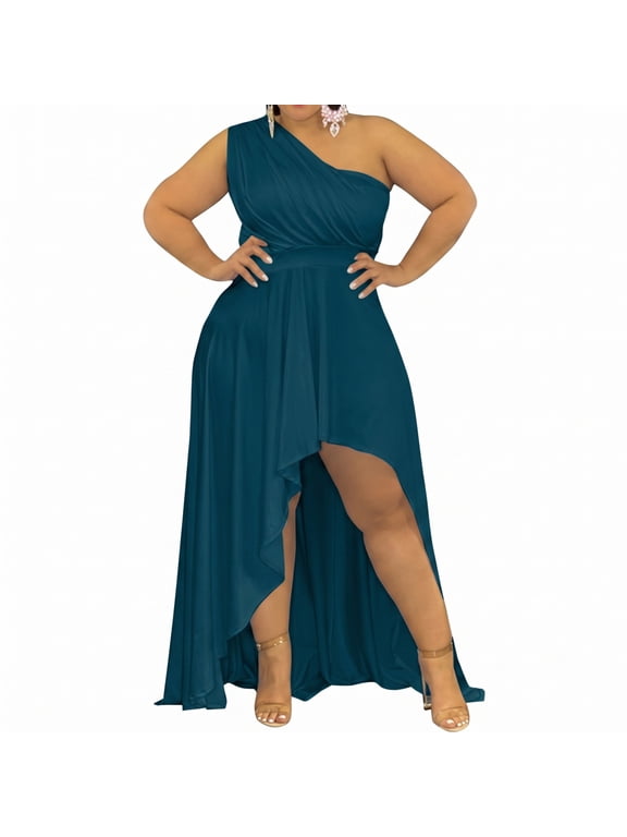 Elegant, Sophisticated Plus Size Women's One Shoulder Evening Gown - Flowy Formal Event Dress, Wedding Guest Attire, Cinched Waist Design