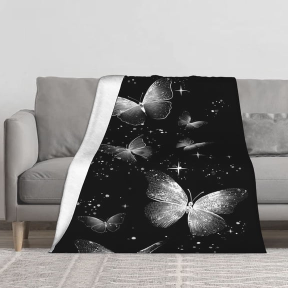 Elegant Sparkling White Butterfly Flannel Throw Blanket, Delicate Glow Butterflies Shiny Star Glitter Dots Solid Dark Black Background Print Soft Cozy Lightweight Blanket for Sofa Bedroom