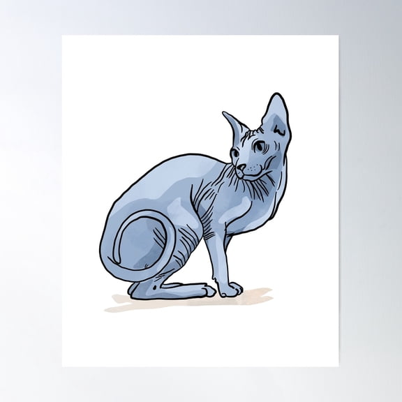 Elegant Sphynx Cat Sitting - Hairless Wrinkly Kitty -Bald Light Blue Animal Illustration - Pet Portrait Poster Wall Art, Modern Wall Decor For Living Room Bedroom, 16x24 UNFRAMED