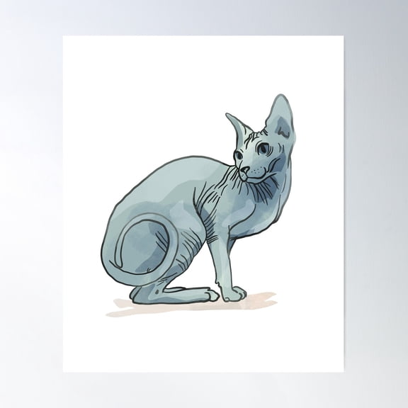 Elegant Sphynx Cat Sitting - Hairless Wrinkly Kitty -Bald Mint Green Animal Illustration - Pet Portrait Poster Wall Art, Modern Wall Decor For Living Room Bedroom, 24x36 UNFRAMED