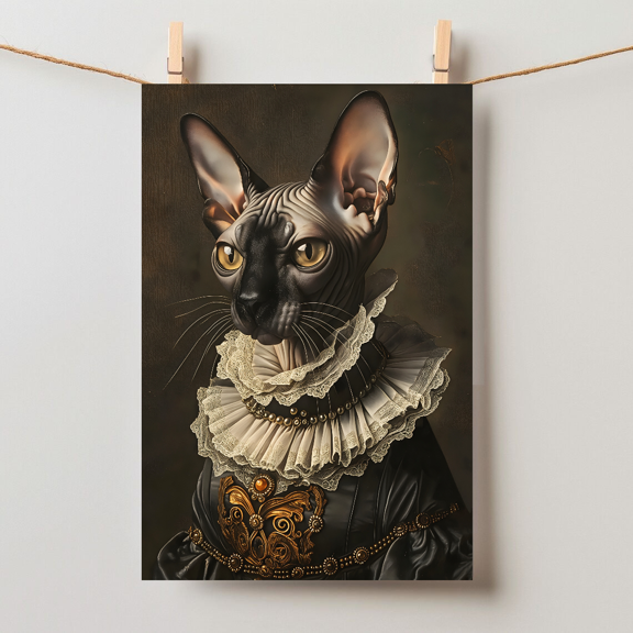 Elegant Sphynx Cat Wall Art Dark Royal Pet Portrait, Unframed Paper Poster 16x20in