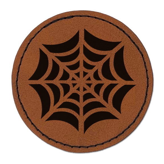 Elegant Spider Web Halloween 2.5" Faux Leather Round Engraved Iron-On Patch - Brown
