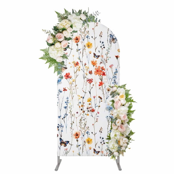 Elegant Spring Floral Arch Backdrop Cover, Spandex Fitted Wedding Arch Cover, Watercolor Botanical Butterfly Round Top Stand Covers for Birthday Ceremony Bridal Shower Party Decor 5x2.1 Ft