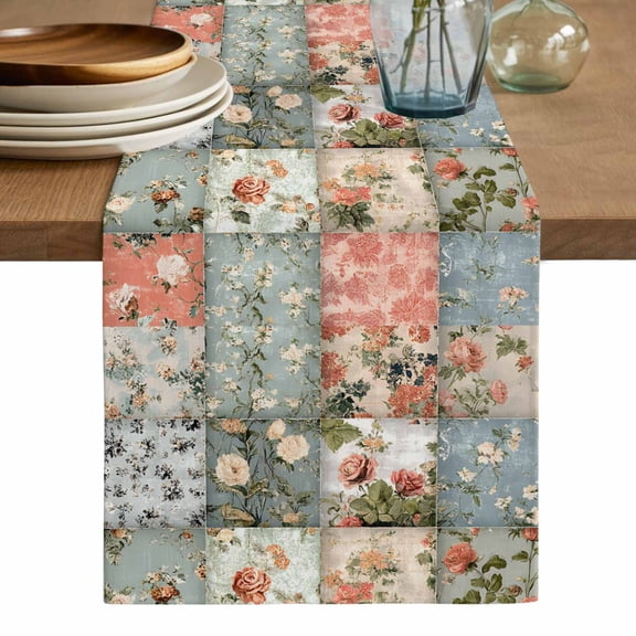 Elegant Spring Floral Cotton Linen Table Runner for Dining Kitchen, Farmhouse Summer Botanical Plaid Wedding Outdoor Party Tablerunners Decoration,Dresser Scarf Coffee Tablecloth Runners 13x72 Inches