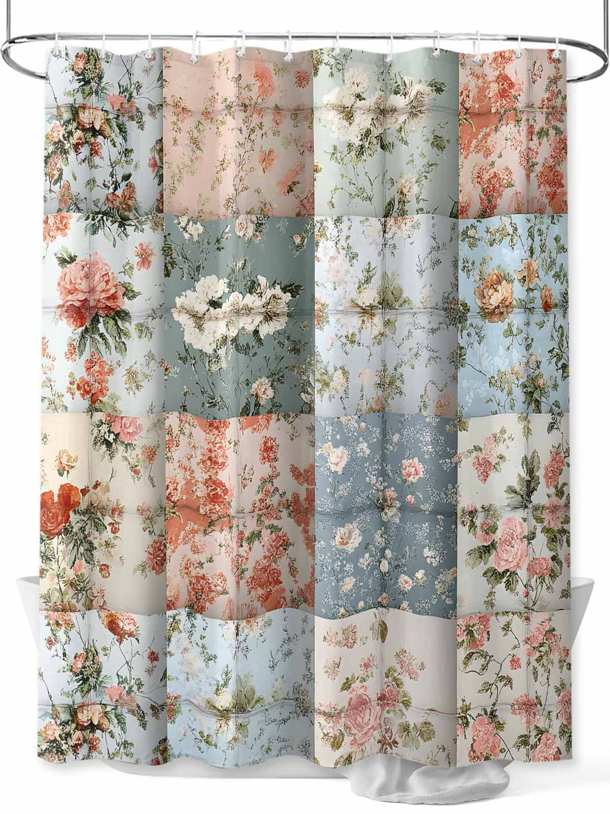 Elegant Spring Floral Extra Long Shower Curtain Set, Waterproof Shower Curtains for Bathroom, Summer Botanical Plaid Farmhouse Washable Fabric Cloth Bath Curtain for Bathtub with Hooks 72x96 Inches