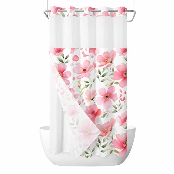 Elegant Spring Floral No Hook Shower Curtain Waterproof, Bathroom Curtains with Snap in Liners and See Through Top Window, Pink Flower Summer Botanical Hotel Style Bathtub Curtains Shower 36"Wx78"L