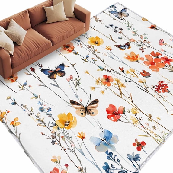 Elegant Spring Floral Large Area Rugs for Bedroom Living Room, Soft Non Slip Carpet Bedside Rug, Watercolor Botanical Butterfly Rectangle Floor Cover Kitchen Accent Rug 8'x10' for Dining Room/Office