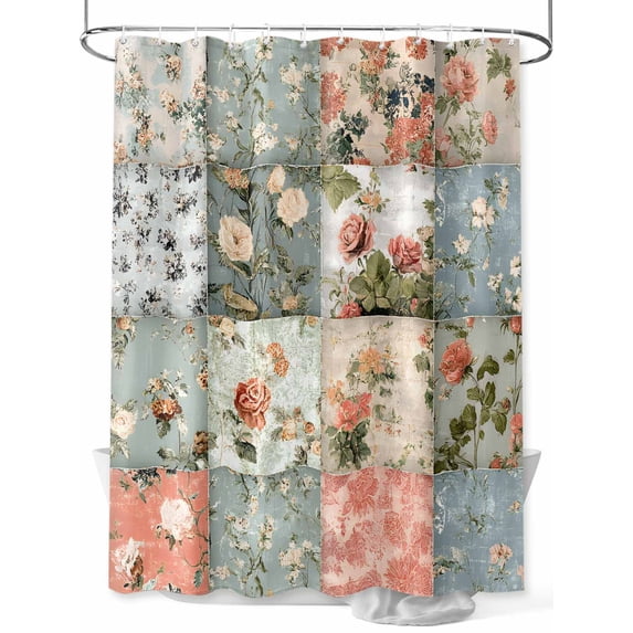 Elegant Spring Floral Long Shower Curtain Set, Waterproof Shower Curtains for Bathroom, Farmhouse Summer Botanical Plaid Washable Fabric Cloth Bath Curtain for Bathtub with Hooks 72x84 Inches