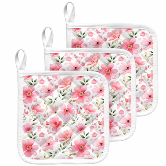 Elegant Spring Floral Pot Holders for Kitchen Heatproof Potholder, 3 Pack Pink Flower Summer Botanical Hot Pads Multipurpose Oven Pads Cloth Potholders Trivet for Cooking Baking