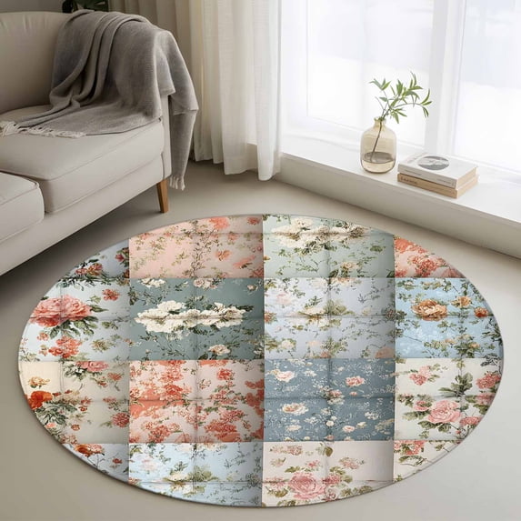 Elegant Spring Floral Round Area Rug 3 FT,Small Kitchen Bathroom Mats,Summer Botanical Plaid Farmhouse Washable Indoor Outdoor Throw Runner Carpet Non-Shedding Doormat for Table Shower Sofa Entryway