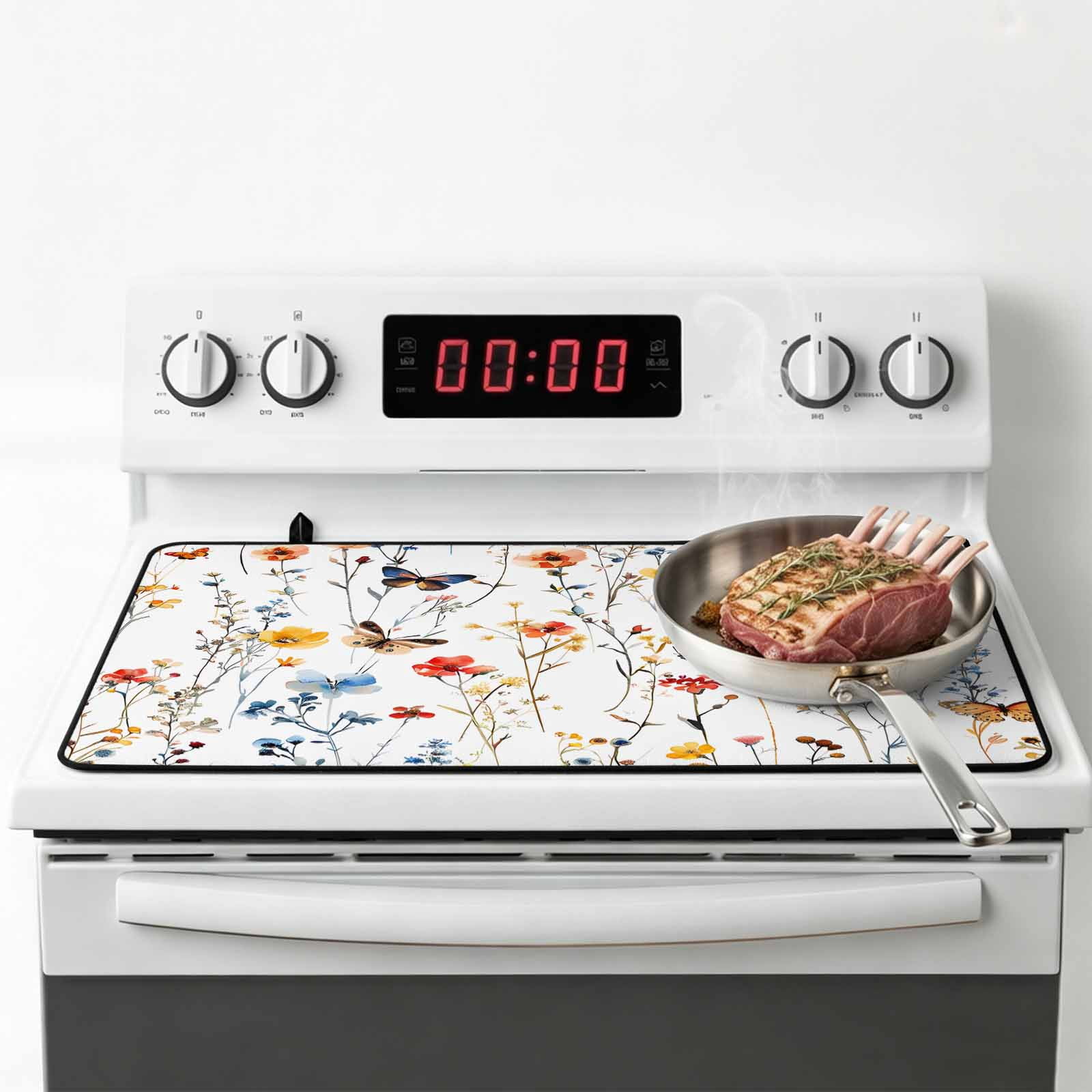 Elegant Spring Floral Stove Top Cover for Electric Stove, Heat-proof & Non Slip Glass Top Stove Cover Protector, Watercolor Botanical Butterfly Kitchen Flat Cooktop Rubber Mat 24x21 Inches