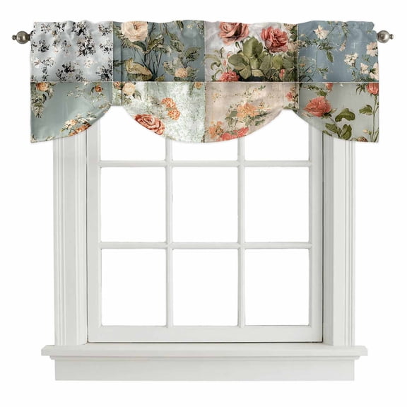 Elegant Spring Floral Tie Up Valance Curtains for Windows, Kitchen Curtains Window Shades, Farmhouse Summer Botanical Plaid Light Filtering Roman Curtain Valances for Bedroom/Bathroom/Cafe 42"x18"