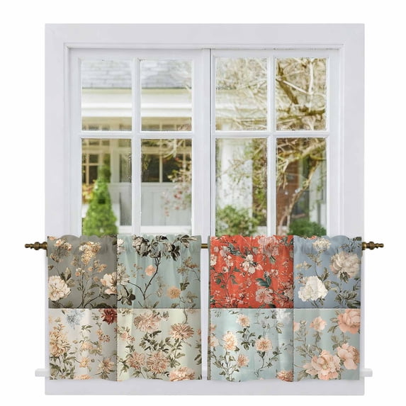 Elegant Spring Floral Tier Curtains, Summer Botanical Farmhouse Light Filtering Kitchen Curtains, 2Pcs Rod Pocket Half Window Treatments Panels for Sink Cafe Cabinet Camper 27.5x24 Inches