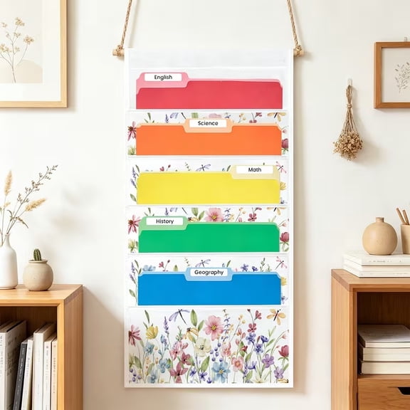 Elegant Spring Floral Wall-Mounted File Organizer - 5 Pocket Hanging Storage for Home & Office